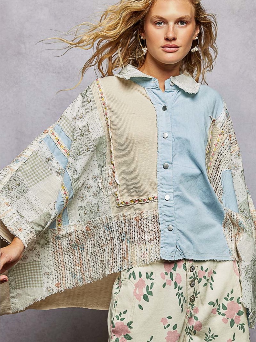 POL “ Topanga Hideaway “ Poncho Cotton Oversized Top | Light Denim - Picture 5 of 8